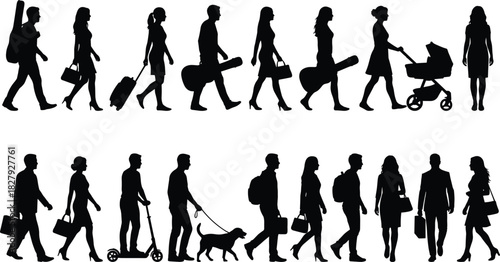 Diverse people walking silhouettes A large collection of men and women carrying luggage, instruments, backpacks, and pets, representing urban life, travel, and various daily activities.