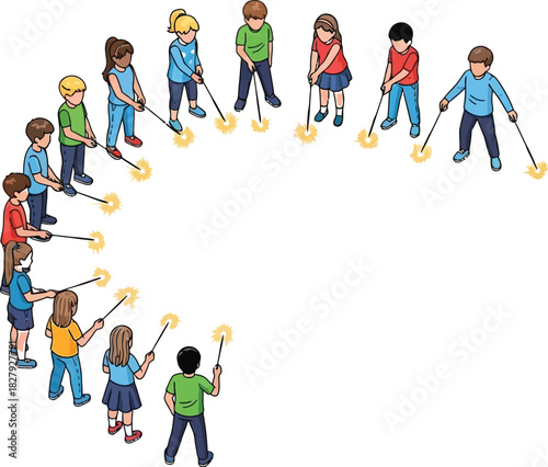 Diverse group of children holding sparklers, celebrating joyfully outdoors at night