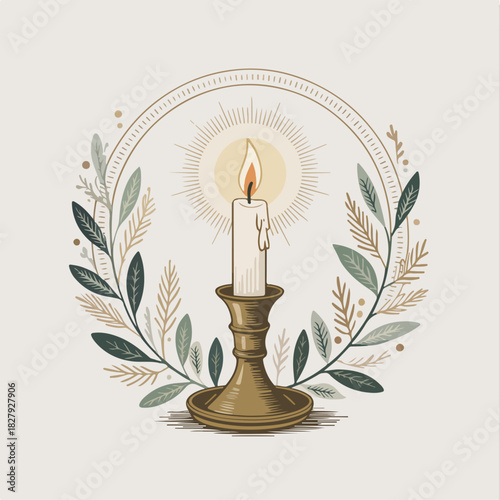 Vintage candle in brass holder with leafy wreath and radiant halo, warm holiday candlelight vector emblem for Christmas decor, invites and church events