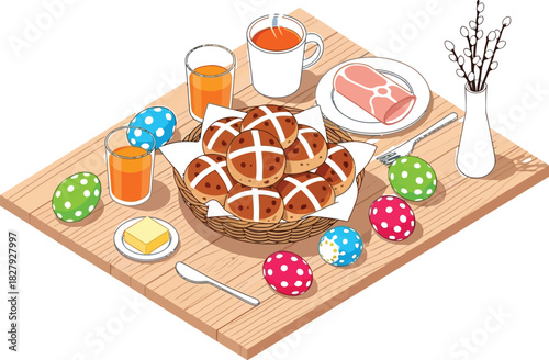 Festive Easter breakfast with hot cross buns, juice, and decorated eggs on a wooden table