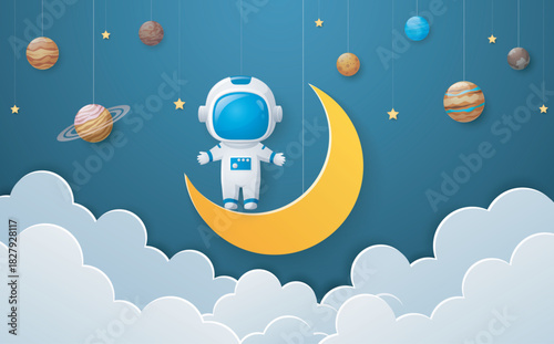 Astronaut and moon in the sky. Paper art style