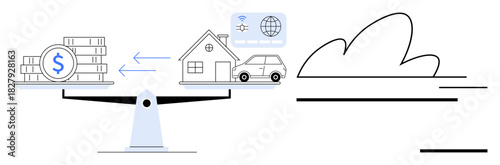 Scales balancing currency stacks against assets thumbs up house, car, and digital elements. Ideal for finance, economics, investment, trade, wealth management property value balance in life. Simple