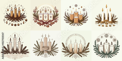 Candles burning on the altar stone. Yule and winter solstice theme. Vektor, design, minimalist, illustrations, set icon