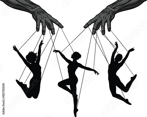Muscular hands operating three graceful female dancer silhouettes as marionettes on strings, symbolizing manipulation, oppressive control, power dynamics, and societal puppetry.
