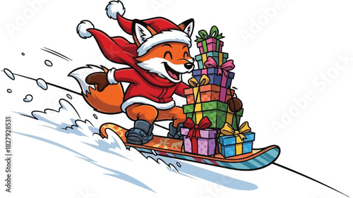A cartoon fox wearing santa clothes snowboarding while carrying a stack of christmas presents