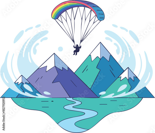 Adventure Sports Paragliding Above Colorful Mountains and Wavy Water Landscape
