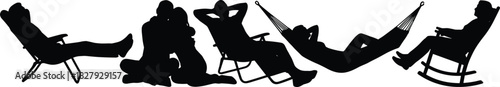 Silhouettes of people relaxing in diverse ways, including lying in a hammock, resting in chairs, and embracing, symbolizing comfort, leisure, vacation, and enjoying free time.