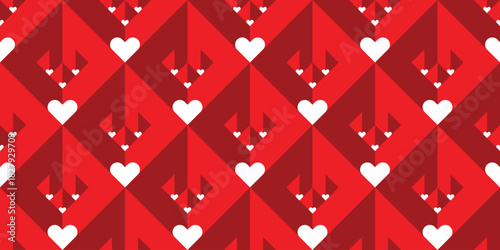 Geometric seamless pattern of white hearts and red squares for Valentine's Day. Background, vector, illustration.