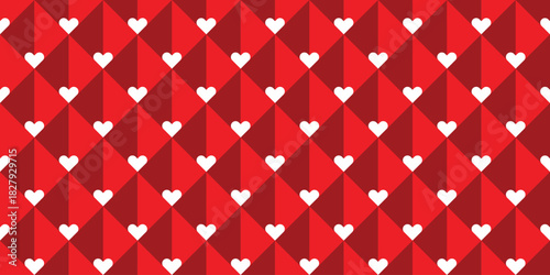 Geometric seamless pattern of white hearts and red squares for Valentine's Day. Background, vector, illustration.