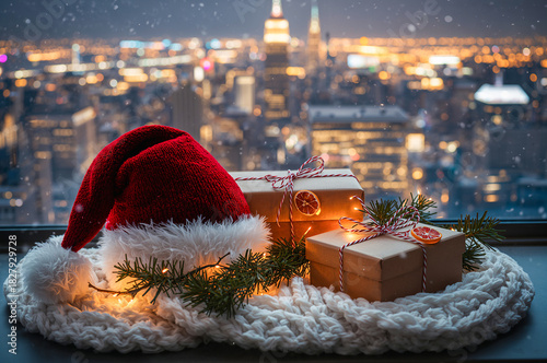 Santa hat and Christmas presents on a windowsill, illuminated by lights, with a snowy City skyline in the background, symbolizing holiday travel.