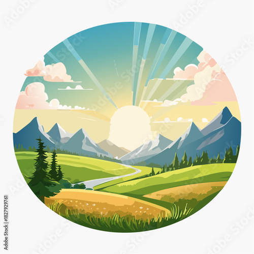 Inspiring mountain scenery with sunbeams over verdant fields. Perfect for travel, adventure, or peaceful escapes. Evokes serenity and the beauty of nature's grandeur.