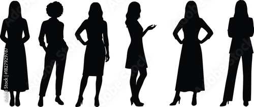 Six diverse professional women silhouettes standing in confident and commanding poses, wearing business attire and fashionable dresses, isolated on a white background.