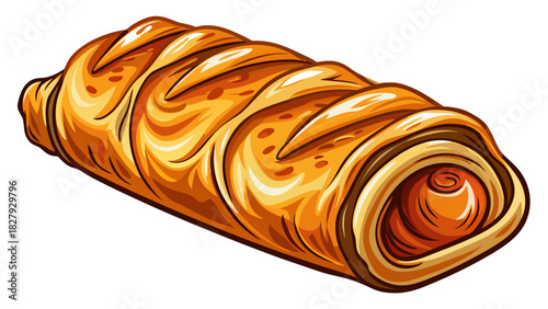 Very beautiful semi-realistic vector illustration of a single sausage roll on a clean white background, showing flaky pastry texture, warm golden tones, and a simple, appetizing presentation.
