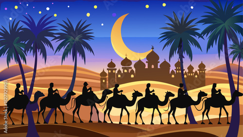 Caravan crossing desert with palms and crescent