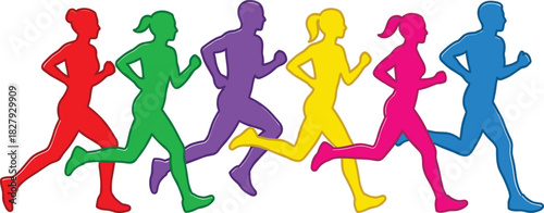 Six colorful silhouettes of men and women runners jogging or racing together in a line, symbolizing diversity, team fitness, healthy competition, and an energetic active lifestyle.