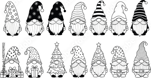 Christmas gnome coloring page, festive cartoon characters, black and white holiday art, cute bearded gnomes, winter printable design
