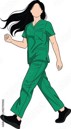 Healthcare professional illustration, walking pose in green scrubs, medical worker character, modern hospital attire, vector drawing art