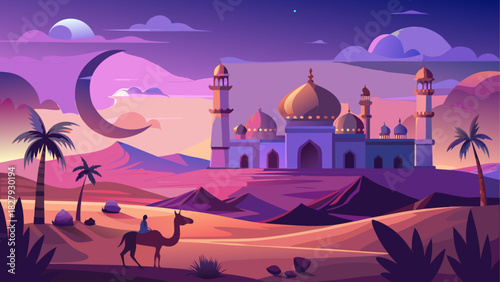 Camel rider with mosque and crescent moon at dusk