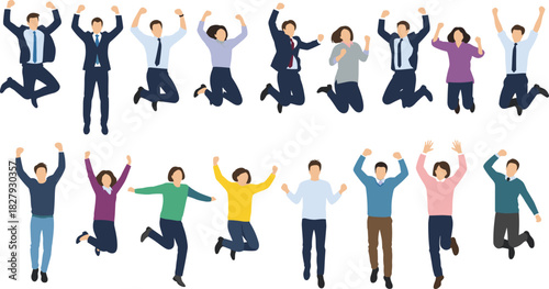 Jumping people illustration, business and casual attire, celebration pose, teamwork success, energetic group, motivation concept, diverse character design
