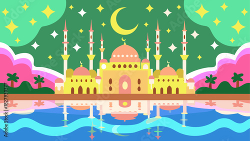 Ramadan Kareem Background Islamic lanterns glowing
moon and star crescent
