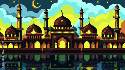 Ramadan Kareem Background Islamic lanterns glowing
moon and star crescent

