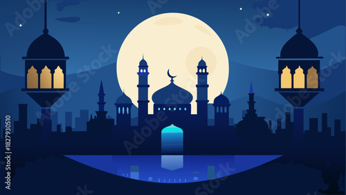 Night scene with mosque and moon in the background