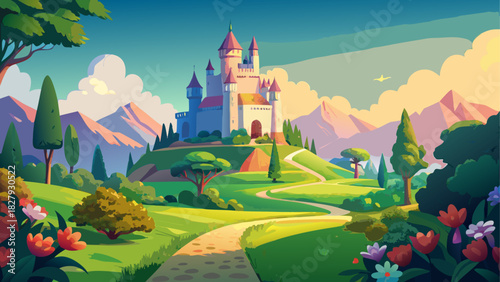 Cartoon castle landscape with path and mountains