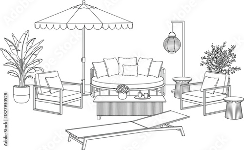 Outdoor patio illustration, cushioned daybed setup, garden furniture layout, potted plants decor, relaxing backyard scene, line drawing art