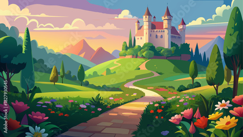 Illustration of a castle in a green landscape