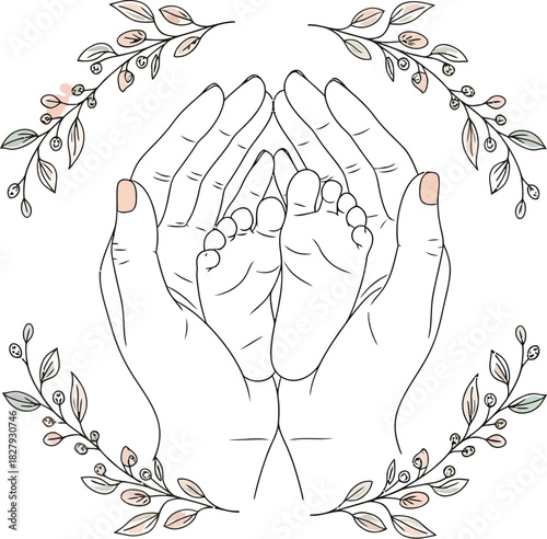 Gentle hands cradle tiny newborn baby feet surrounded by delicate floral branches, symbolizing love and protection