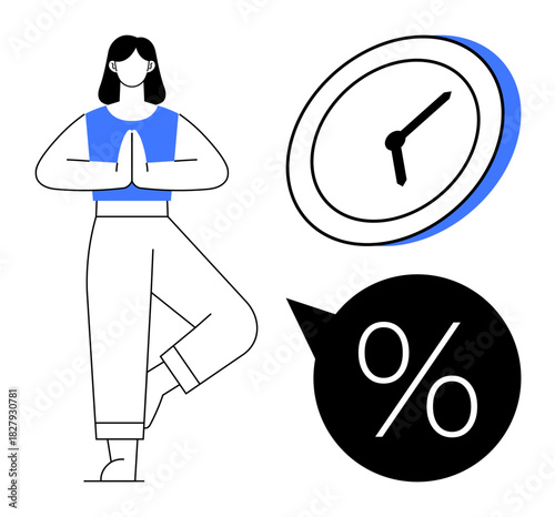 Woman in yoga pose promoting balance, clock symbolizing time management, and percentage for focus on priorities. Ideal for wellness, mindfulness, productivity, time management, balance, health