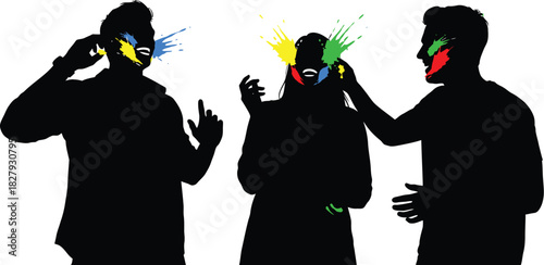 Joyful friends celebrating with vibrant color splashes