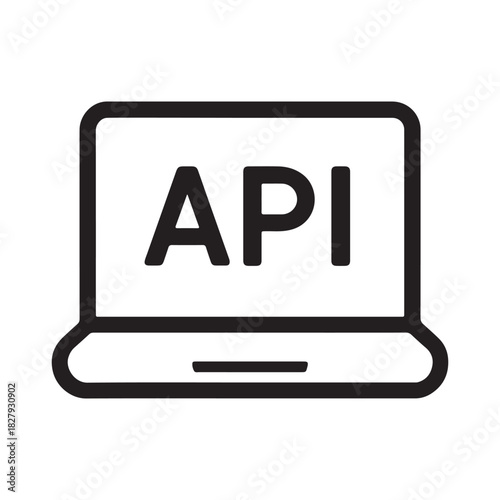 API Laptop Icon. Black and White Symbol of Application Programming Interface displayed on a minimalist computer screen. Vector for software development or web service.