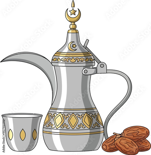Traditional Arabic coffee pot and dates, symbolizing hospitality and cultural heritage.