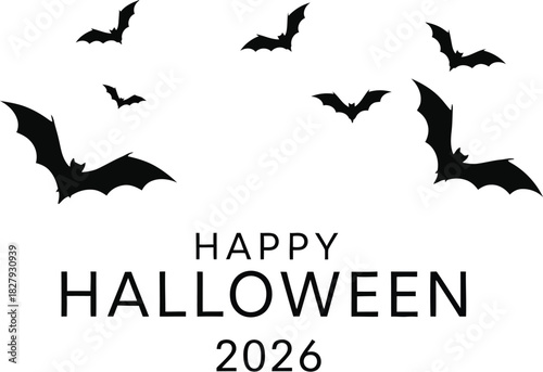 Spooky bats fly across a happy Halloween message with the year