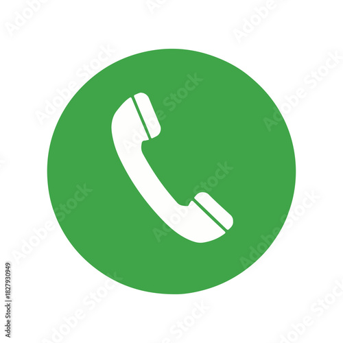 Phone Call Icon. White telephone handset in a green circle for contact, communication, and telecommunication interfaces. Simple vector symbol.