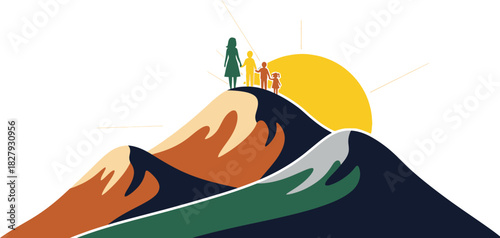 Family enjoys a hopeful sunrise over rolling hills, symbolizing new beginnings and togetherness.