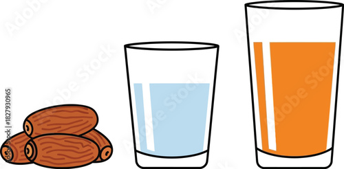 Freshly prepared dates with a glass of water and juice, perfect for a healthy refreshment.