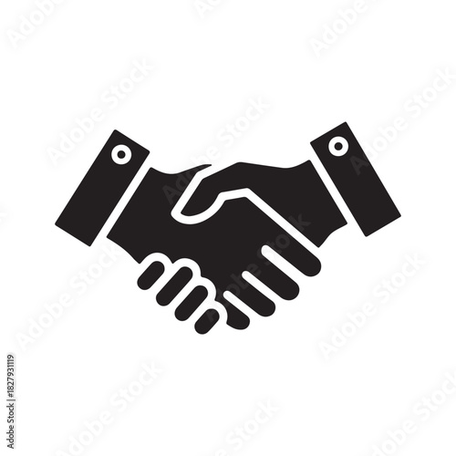 Handshake Icon. Black and white symbol of agreement, partnership, and collaboration with formal sleeves. Vector for contract and business deal.
