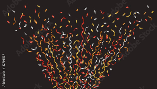 Dynamic explosion of falling confetti and curling ribbon streamers. The metallic colors include gold, silver, and vibrant red, set against a dark, solid background. 