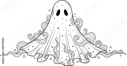 Whimsical ghost illustration with starry pattern and swirling mist, perfect for Halloween