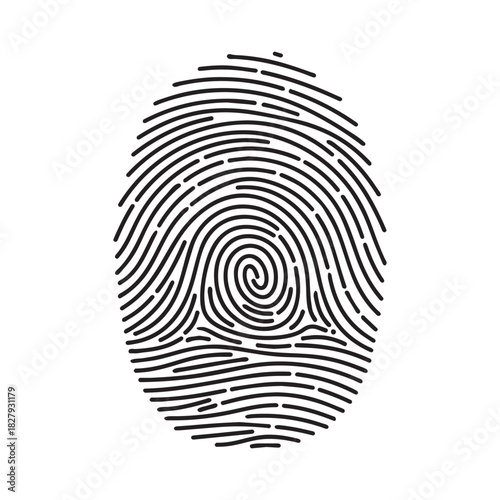 Fingerprint Icon. Detailed black and white whorl pattern for biometric security, identity verification, and forensic analysis. Vector for technology.