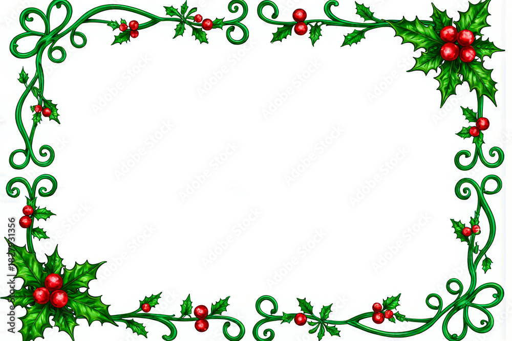 Fototapeta premium Decorative christmas holly border with red berries and green leaves
