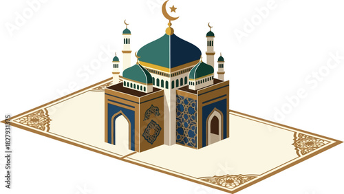Ornate mosque structure with crescent moon atop a decorative mat