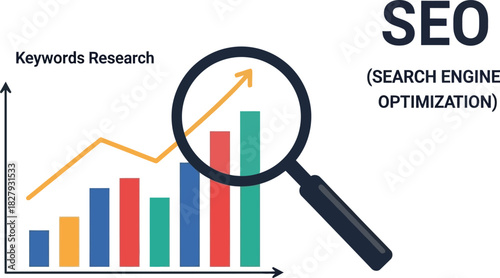 Magnifying glass examining rising graph and text for SEO and keyword research