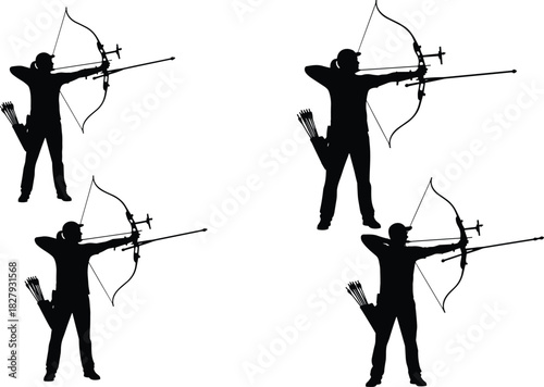 Silhouette set of female archer aiming with recurve bow, sportswoman shooting arrows, vector illustration for olympic sports, competition, and archery club design.