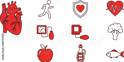 Healthy lifestyle icons promoting heart health and well-being