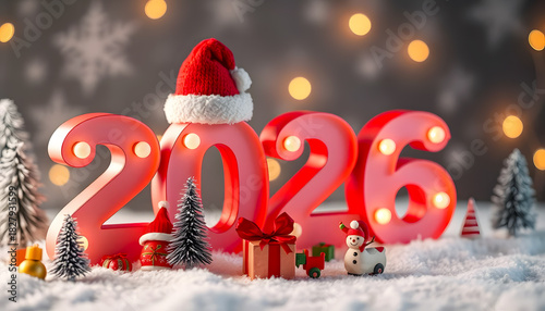 The number 2026 is decorated with Christmas toys