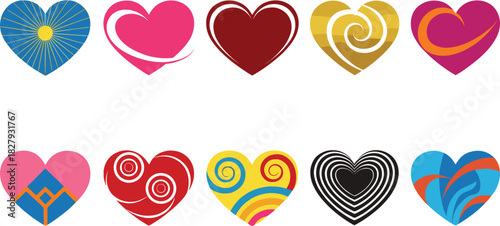 A distinct vector assortment of bright, modern heart icons with internal abstract swirls, graphic lines, sunbursts, and vibrant color patterns, perfect for themes of connection, health,