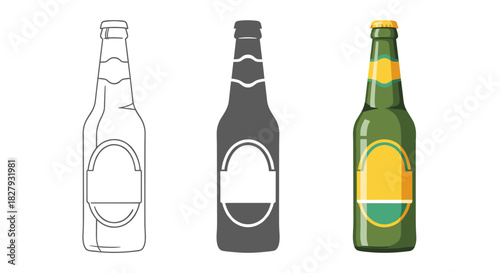 Three beer bottles in different styles outline, silhouette, and color, isolated on white background perfect for illustrating brewing or beverage concepts